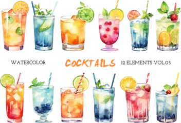 Foto op Plexiglas Vector watercolor painted cocktails clipart. Hand drawn design elements isolated on white background. © vasabii