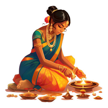 Happy Diwali, Indian woman with lighting Lamp or Diya, PNG, transparent background. Generative ai