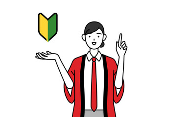 若葉マークを示す赤い法被を着た販売員の女性