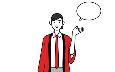 ふきだしつき、案内をする赤い法被を着た販売員の女性