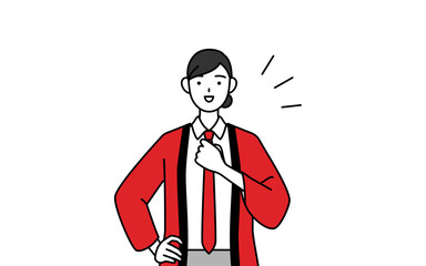 胸を叩く赤い法被を着た販売員の女性