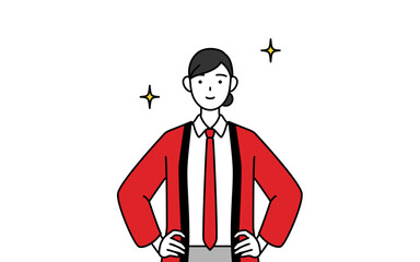 両手を腰に当てた赤い法被を着た販売員の女性