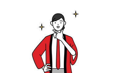 自信家のポーズを取る赤い法被を着た販売員の女性