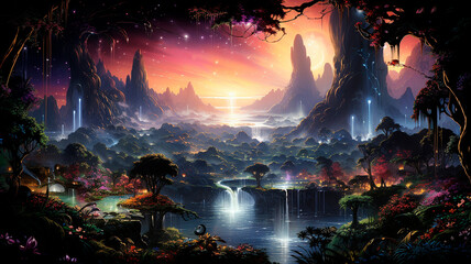 surreal landscape with forest, swamp, plants. High quality illustration