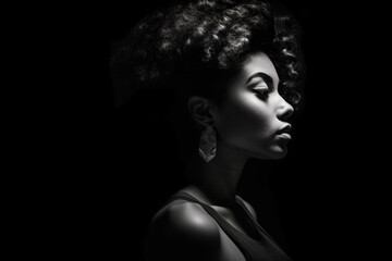 Black and white portraits of a model in studio against black background