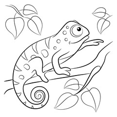 Coloring book for children. Little chameleon on a branch.