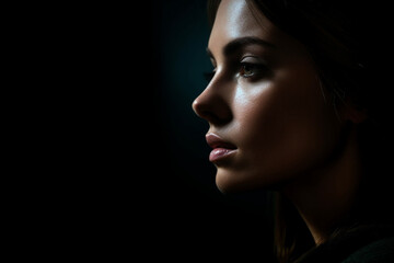 Beautiful serious concentration intelligence woman in darkness with thinking look , Closeup portrait in dark shadow low key, Art, Profile
