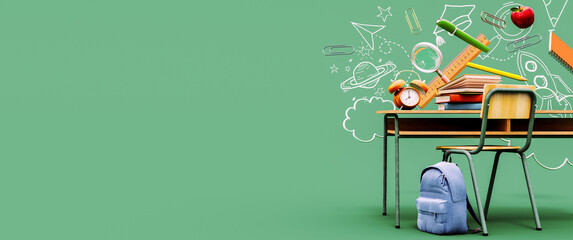 School desk with bag and school accessories on green background with copy space. 3D Rendering, 3D Illustration
