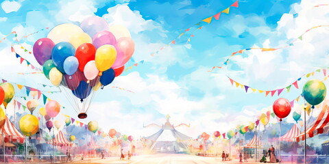playful watercolor background with bright and bold colors, perfect for a festive carnival scene with balloons, rides, and joyful laughter.