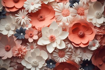 Flat surface full of small coral and white colored paper flowers. AI generated