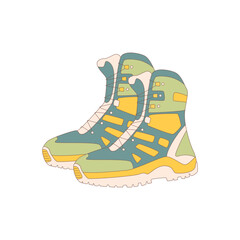 Footwear. Drawn elements for camping and hiking. Wilderness survival, travel, hiking, outdoor recreation, tourism.