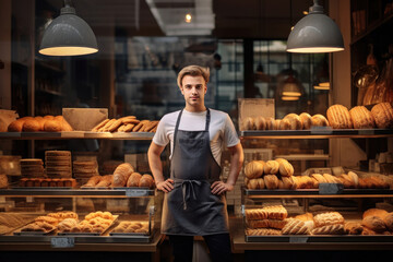 A small business owner proudly standing in front of their thriving artisan bakery. AI generated
