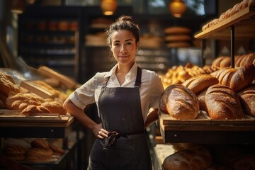 A small business owner proudly standing in front of their thriving artisan bakery. AI generated