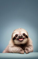 Cute sloth with happy positive smiling expression. Copy space above. Generative AI