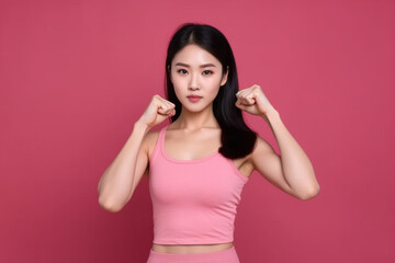 Obraz na płótnie Canvas Portrait of funny young asian woman in the studio looking at camera and showing biceps, She is wearing pink clothes over garnet background