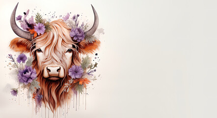 Portrait of a highland cow decorated with colorful flowers, highland cattle, Beef Shorthorn ornate with bloom, almabtrieb, Switzerland, Austria, calf with blossom crown. Animal transhumance. - obrazy, fototapety, plakaty