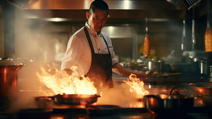 chef in an Asian restaurant kitchen, with flames and smoke rising from the gas stove. Generative AI