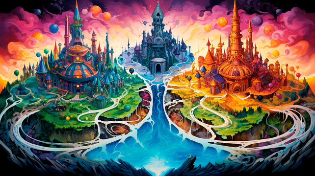 a map of a fantasy land with a magical castle. Generative AI