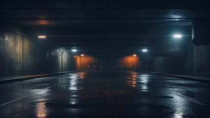 A dimly lit basement parking area or underpass alley during midnight hours. The asphalt is wet and hazy, with lights lining the sidewalls. Generative AI