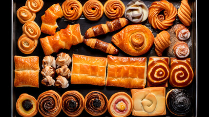 overhead photograph of assorted Danish pastries on an industrial aluminium baking tray. Generative AI