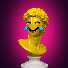 Abstract concept illustration from 3D rendering of faceless yellow classical male bust on a pedestal with carved emoticon style laughing face with blue joy teardrops on dark purple background.