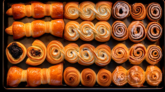 overhead photograph of assorted Danish pastries on an industrial aluminium baking tray. Generative AI