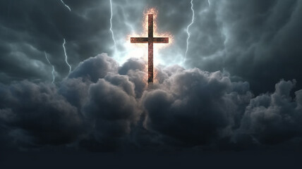 a glowing cross against a gloomy sky concept faith religion.