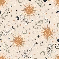 Magic seamless vector pattern with herbs, constellations, moons and stars. Boho pattern for astrology, esoteric, tarot, mystic and magic. 