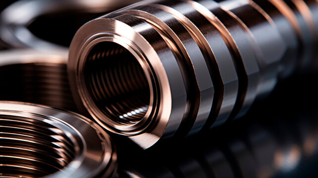 Highly accurate metal parts created through precision milling. Milled piping material with shallow depth of field. Generative AI