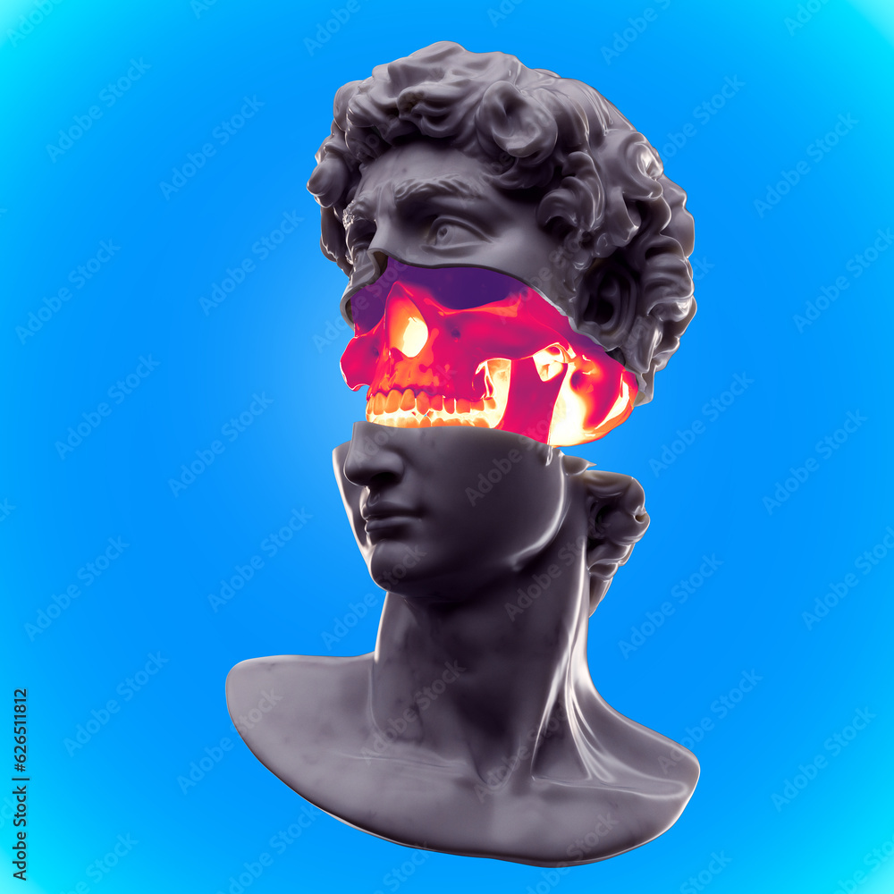 Poster abstract anatomic concept illustration from 3d rendering of a marble classical head bust sliced open
