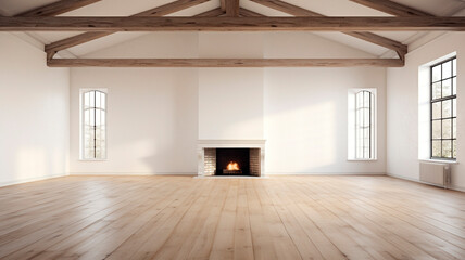 A room with white walls, wooden flooring, and ceiling beams, accompanied by a fireplace on the right side. Generative AI