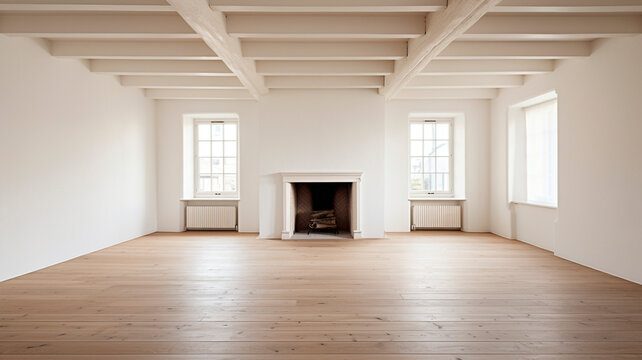 A room with white walls, wooden flooring, and ceiling beams, accompanied by a fireplace on the right side. Generative AI