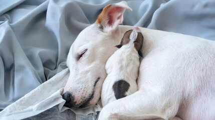 Mother dog hug new born puppy in safety sleep with mother. Nursing sleeping mother Jack Russell Terrier on a fabric with warm aternity instinct - obrazy, fototapety, plakaty