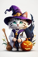 Cute witch cat clipart,2D, cartoon, white background, 4k, doctor