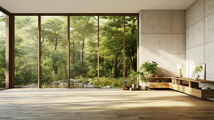 Modern room in house surrounded with forest. Large windows, organic architecture. Generative AI