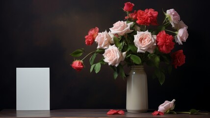 A bouquet of beautiful flowers in a vase on the table next to a blank card
