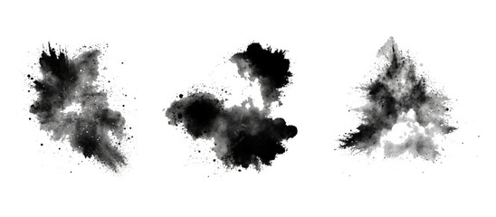 black vibrant paint black powder explosion with dark colors isolated white background. 