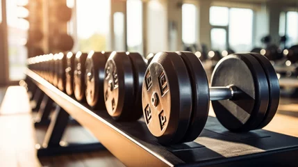 Zelfklevend Fotobehang Fitness Close up shot of gym equipment, detailed shot of weights