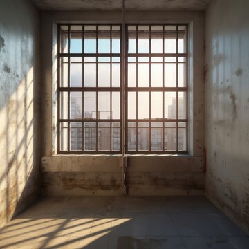 a jail cell with a window