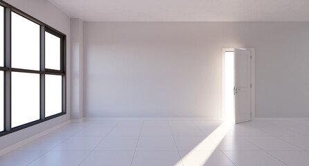 interior empty room door sunlight house apartment modern style tile white floors and light gray walls decorated gray aluminum window add view in 3D rendering.