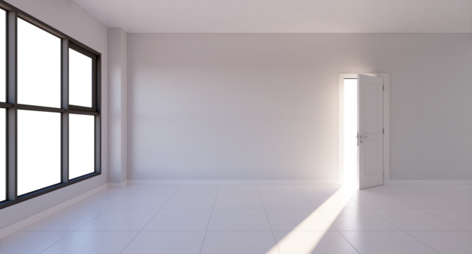interior empty room door sunlight house apartment modern style tile white floors and light gray walls decorated gray aluminum window add view in 3D rendering.