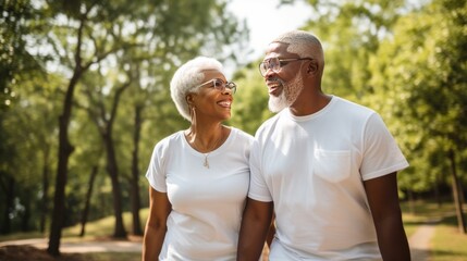 Old black couple walking in the park