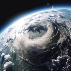 cyclone funnel of a hurricane on the surface of the planet view from space, weather forecast.