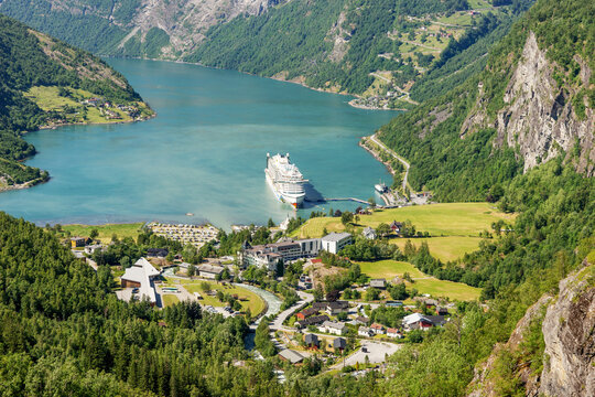 Geirangerfjord with AIDA cruise ship, view from Flydalsjuvet viewing point, Norway. Travel destination. June 26, 2023
