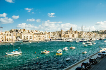 The historical skyline of Valletta. Boats and waterscape