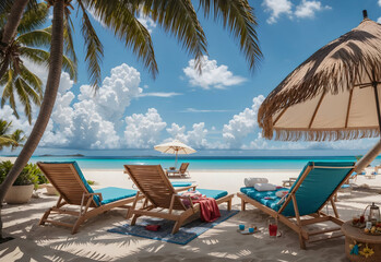 Fototapeta na wymiar Sun Loungers Beckoning on a Tropical Island, Perfect for Ultimate Beach Vacations