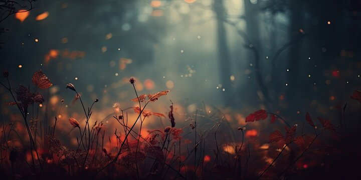 Nature dark fall. Stunning landscape. Abstract beauty of autumn season in the forest. Defocused blurred background