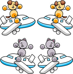 飛行機で移動するわんまるとにゃんまるのイラストセット　犬　猫