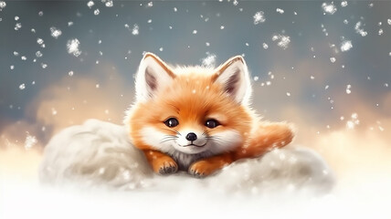 Obraz na płótnie Canvas a baby fox cub sleeps on a cloud among the stars.