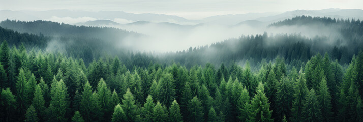 Misty Forest Panorama with Lush Green Trees